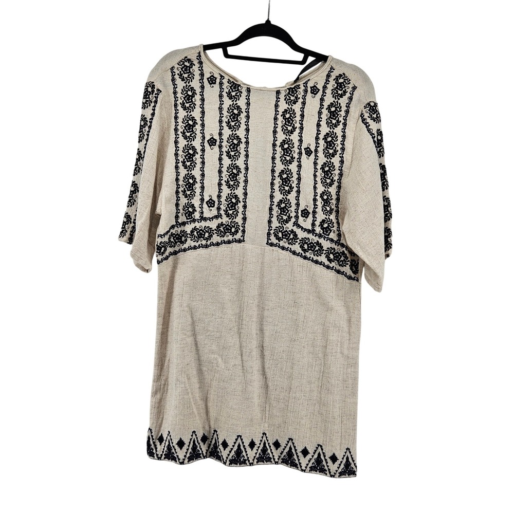 Boho Beige Embroidered Tunic Mini Dress‎ Beach Summer Cottage Hippie Festival